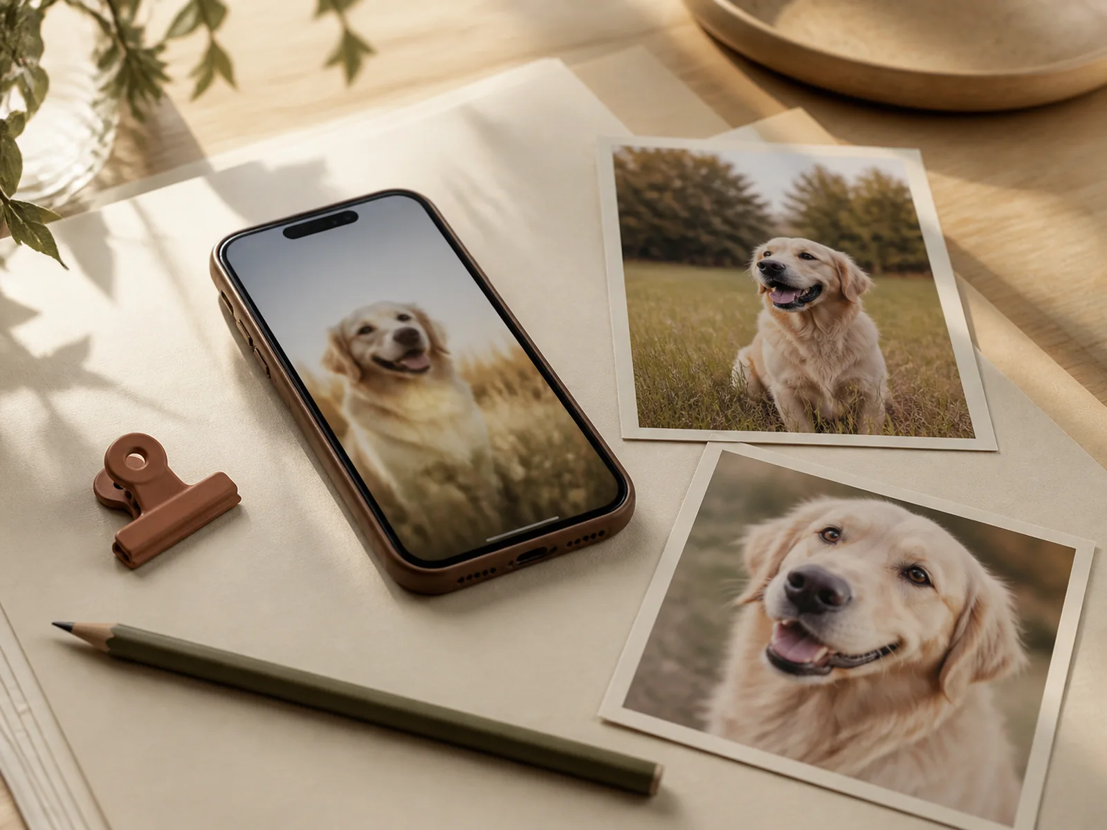 Telefon z jasno fotografijo psa in izbrani natisnjeni fotografiji